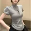 Áo thun ngắn tay dây kéo kim cương công nghiệp nặng dành cho nữ mùa hè Mỹ Hot Girl Sports Niche Áo cổ đứng cao cấp