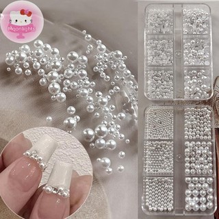 Moonlights 6 Lưới Tròn Ngọc Trai Trắng Hạt Móng Tay Móng Tay Quyến Rũ Trứng Cá muối Hạt Móng Tay Ngọc Trai Nửa Tròn Đá Quý DIY Nail Art Decor EN
