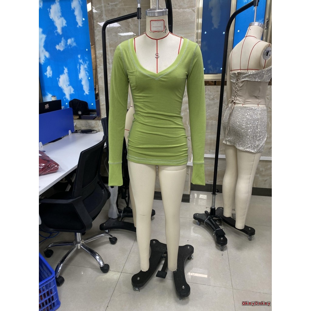 Áo thun dài nữ cổ chữ V tay dài phong cách Y2K, màu trơn dành cho mùa thu