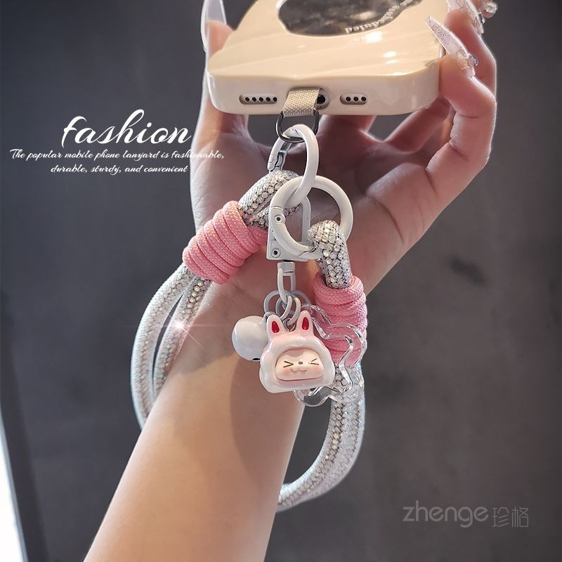 Phụ kiện điện thoại di động Thỏ dễ thương Dây buộc điện thoại di động ngắn Gạc cao cấp dát kim cương giả Vòng tay máy ảnh ngoài trời Vỏ điện thoại di động mạnh mẽ phổ thông