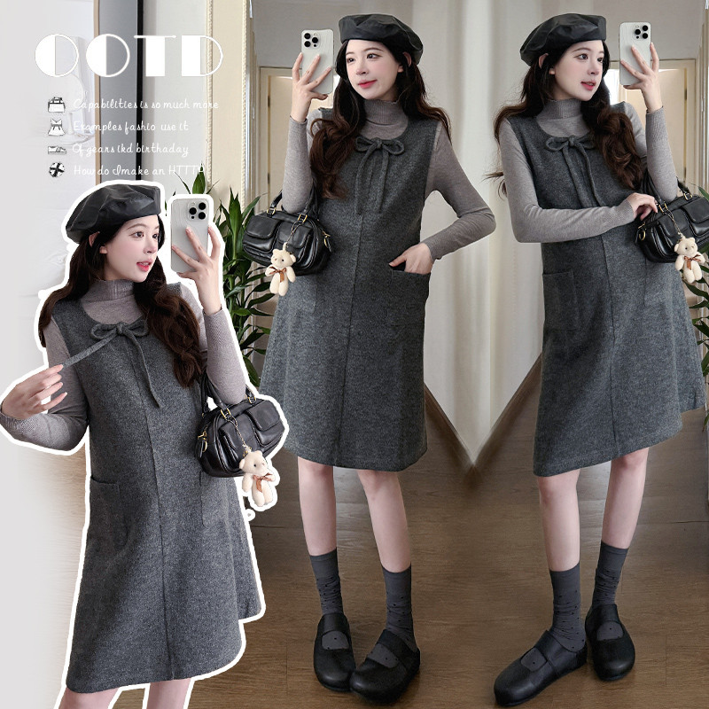 Bộ đồ bà bầu Thu Đông Nơ Váy len buộc dây Bộ đồ hai mảnh