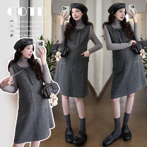 Bộ đồ bà bầu Thu Đông Nơ Váy len buộc dây Bộ đồ hai mảnh