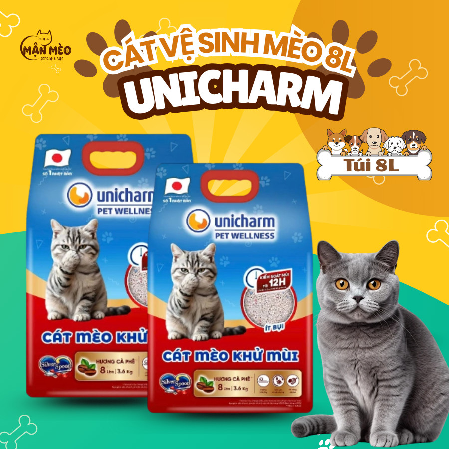 Cát vệ sinh mèo Silver Spoon Unicharm 8L chính hãng Nhật Bản | Kiểm soát mùi 12h | Ít bụi an toàn