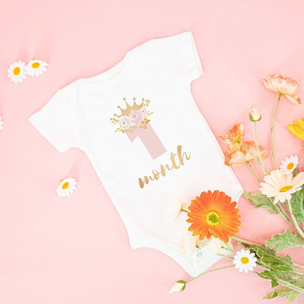 Blush và Vàng Hoa Công Chúa Hàng Tháng Onesie Sơ Sinh Bé Gái Cột Mốc Áo Liền Quần Dễ Thương Trẻ Sơ Sinh Bé Gái Jumpsuit Body GMAH