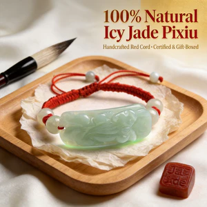 Vòng tay ngọc bích tự nhiên Pixiu - Ngọc Icy xanh nhạt - Dây bện đỏ - Thủ công - 10mm - Có giấy chứng nhận & hộp