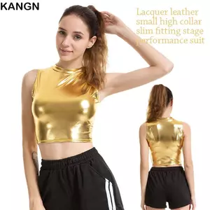 Áo Bralette KANGN, Trang phục không tay sáng bóng, Phụ nữ giả da gợi cảm Slim Short Crop Top Hộp đêm
