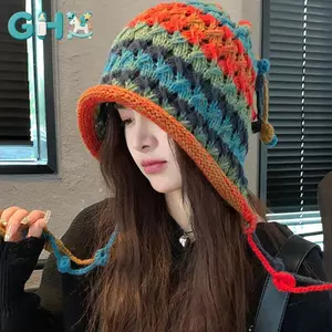 GHX Mùa Thu Đông Ấm Áp Mũ Len Dệt Tay Rỗng Túi Mũ Nữ Phong Cách Dân Tộc Viền Bảo Vệ Tai Mũ Dệt Kim VN