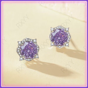 Cao Cấp Thiên Niên Kỷ Cắt Hoa Hồng Hình Bát Giác Màu Hồng Tím Zircon Bông Tai Bông Tai Niche Thiết Kế