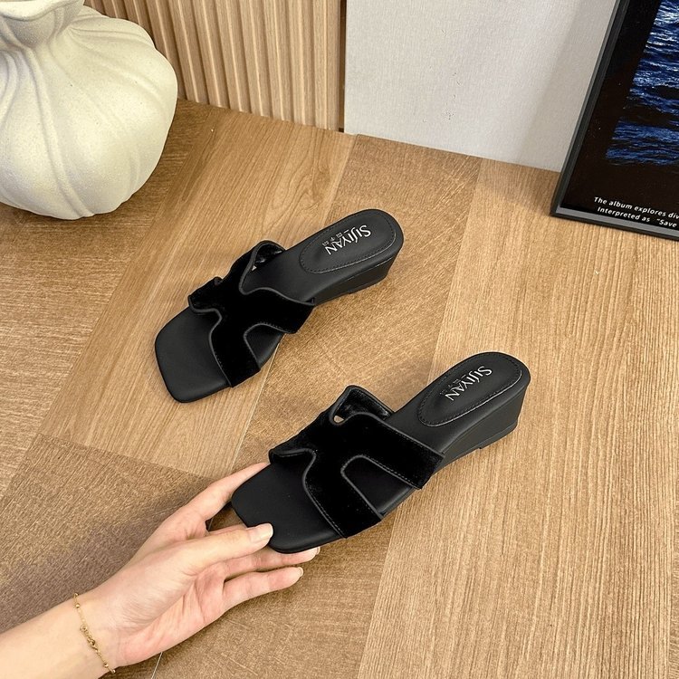 Pháp Mũi Vuông Mở Mũi Retro Giữa Gót Giày Đế Nêm PU Nữ Chống Trơn Trượt Ngoài Mặc Cao Cấp Thoải Mái Chống Thấm Nước Dép