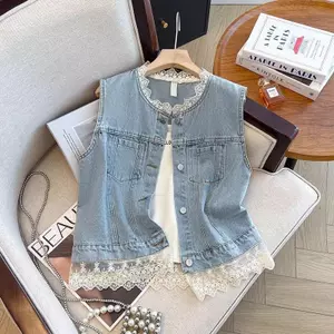 Áo khoác Denim khâu ren Áo khoác không tay dáng rộng vừa vặn