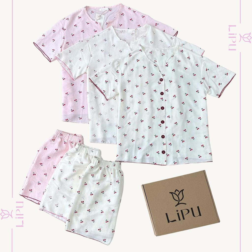 Set Pyjama Cộc Cổ V Hoạ Tiết Cherry Phối Viền S02 LIPU