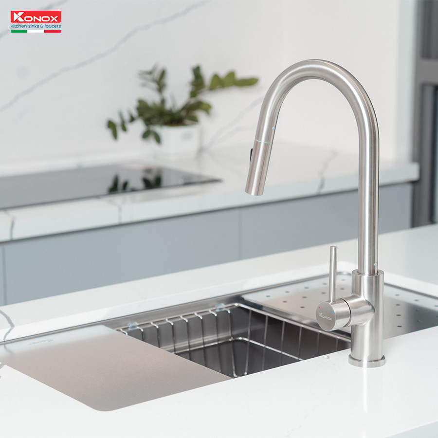 [TẶNG VÒI] Chậu rửa bát inox 1 hố chống xước Konox DEKOR 7644SU - Bảo hành 10 năm