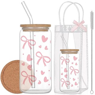 Cốc Thuỷ Tinh Hình Nơ Hồng 500ml, Ly Thuỷ Tinh Cute Chịu Nhiệt Kèm Phụ Kiện, Quà Tặng Sinh Nhật