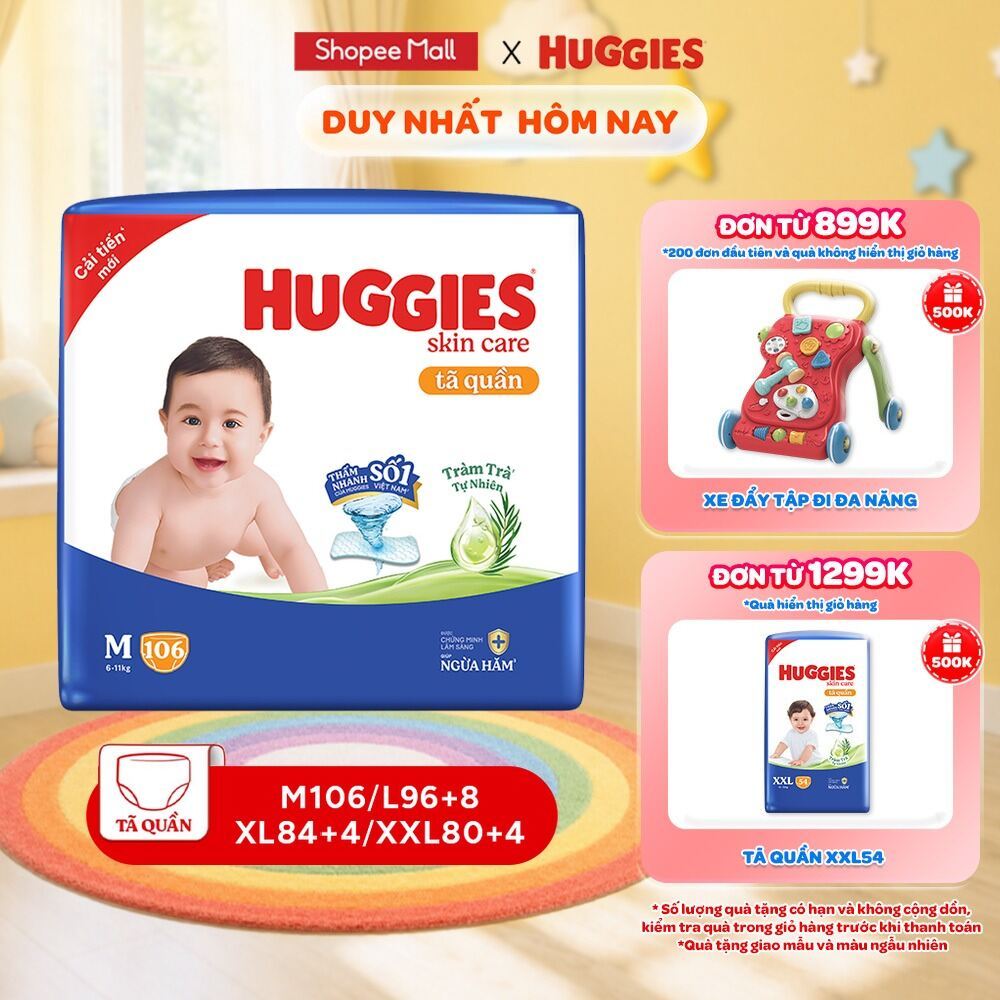 Tã quần Huggies Skincare Mega Jumbo M106/L96+8/XL84+4/XXL76+4 với tràm trà dịu da