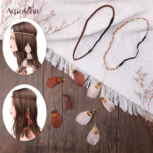 AqToCna Vintage Peaco Lông Mũ Dây Bện Băng Đô Quấn Tóc Nữ Boho Lông Ấn Độ Mũ Phụ Kiện Tóc AqToCna