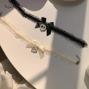 AqToCna Nữ Dễ Thương Cổ Loli Handmade Vintage Ren Trái Tim Choker Dành Cho Nữ Gothic Nơ Nút Nelace Bé Gái Đồng Phục Phụ Kiện AqToCna