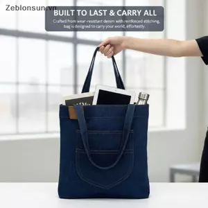# HB # Túi Tote Denim màu xanh đậm Miếng dán phía trước chống mài mòn Nhà thơ Dây đeo chắc chắn mềm mại để đi học Sách tạp hóa mang theo.