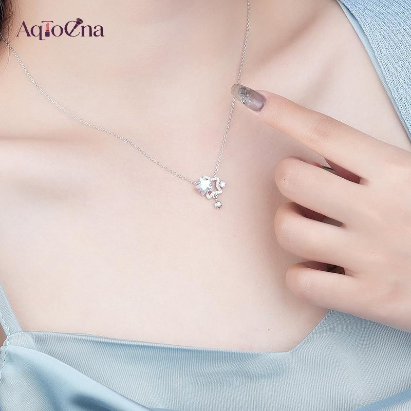 AqToCna Rỗng Kim Cương Giả Đôi Ngôi Sao Nelace Nữ Xương Đòn Dây Chuyền Thiết Kế Cảm Giác Cho Bạn Gái Trang Sức Dự Tiệc Lễ Tình Nhân Quà Tặng AqToCna