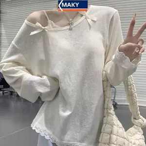 MAKY Mùa Hè Nữ Ngọt Ngào Nơ Tay Dài Rời Thường Ngày Áo Thun Mỏng VN
