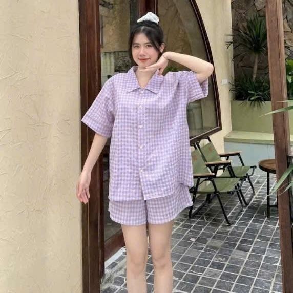 Set Đồ Bộ Piijama Caro Áo Ngắn Tay Kèm Quần Đùi Chất Cotton Dày Dặn Mát Mẽ ( Tặng Kèm Charm) -PJ009