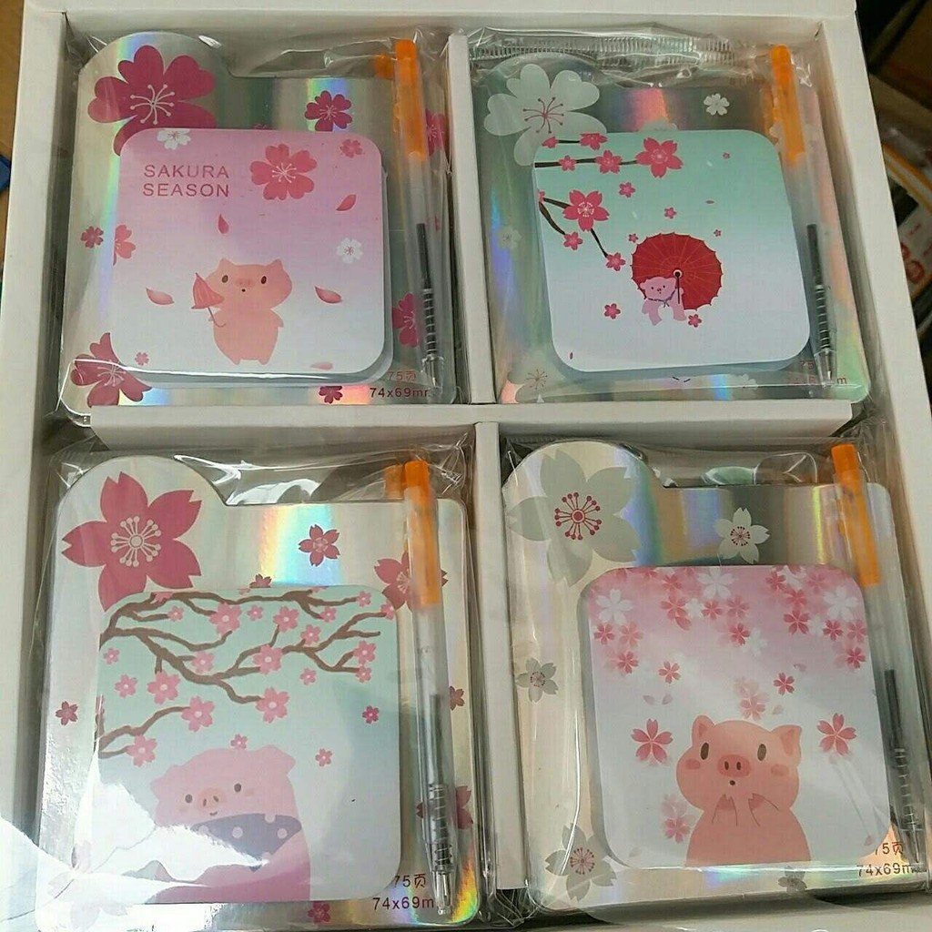 Giấy ghi chú kèm bút Stick Note hoa văn Sakura/Trái Tim/Sao ấn tượng
