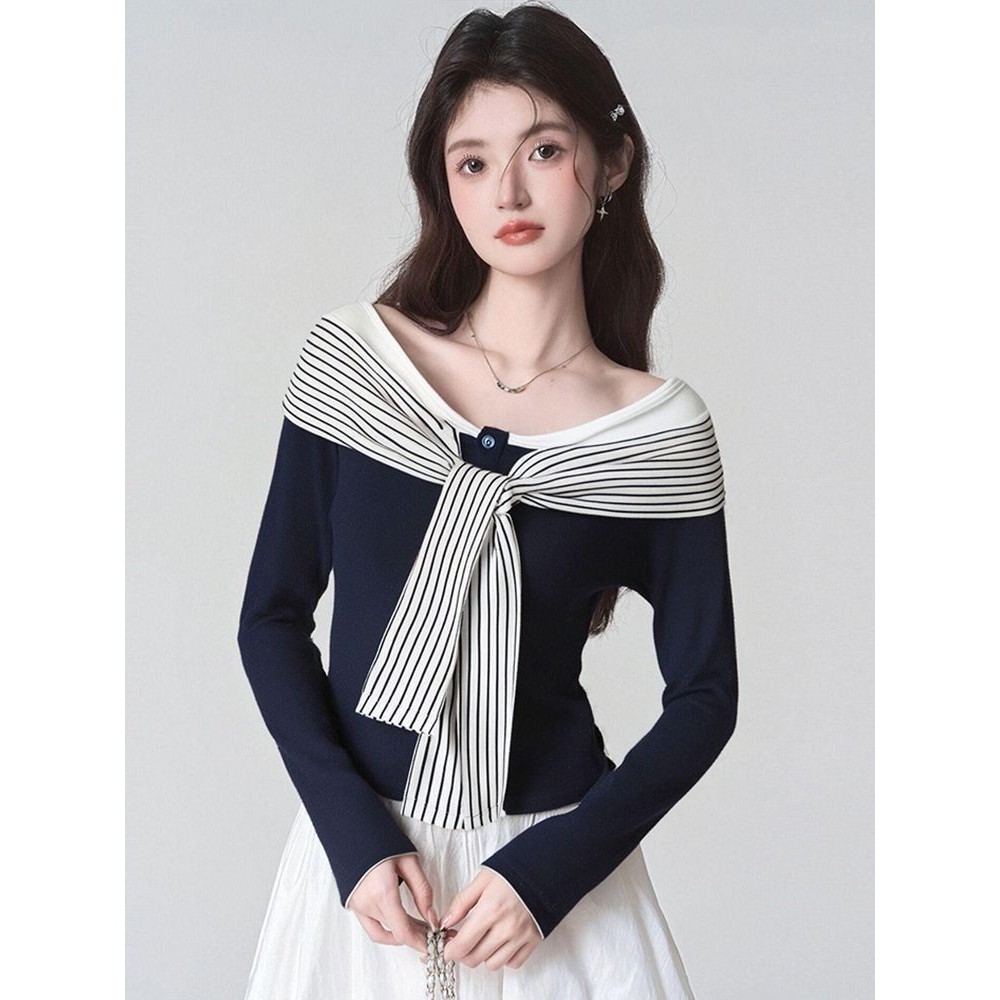 Milyfashion Navy Blue Stitching Sọc Ren Dài Tay T Phong Cách Mới Mỏng Hơn Nhìn Slim-Fit Top Base Quần Áo Nữ