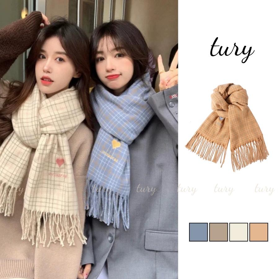 Khăn Quàng Cổ Len Unisex Nam Nữ - Tury - Khăn Choàng Cổ Giữ Ấm Kẻ Ô Phối Trái Tim - LN079