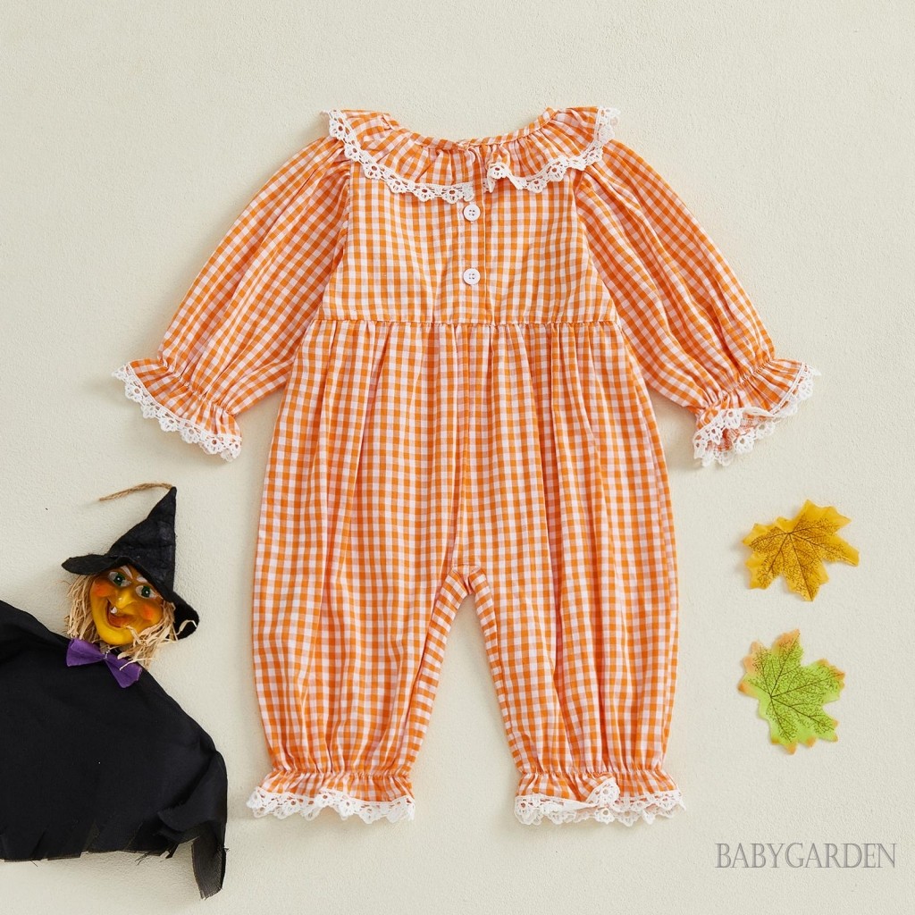 Bộ áo liền quần Halloween cho bé gái - Ren kẻ sọc thêu cổ tròn dài tay cho mùa thu
