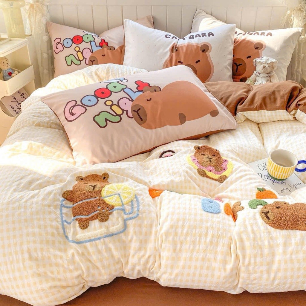 Bộ vỏ chăn ga gối Cotton Đũi Thêu 4 món Memminbedding Luxury họa tiết 5D dễ thương, mềm mịn, thoáng mát- ST312