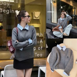 Áo len dệt kim nữ thiết kế phối sơ mi phong cách trẻ trung hàng QCCC XIMIMI SP392