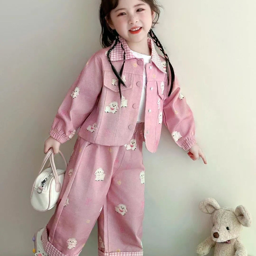 Bộ đồ Denim giản dị cho bé gái Phong cách mới Áo khoác thời trang mùa xuân thu phong cách quần ống rộng
