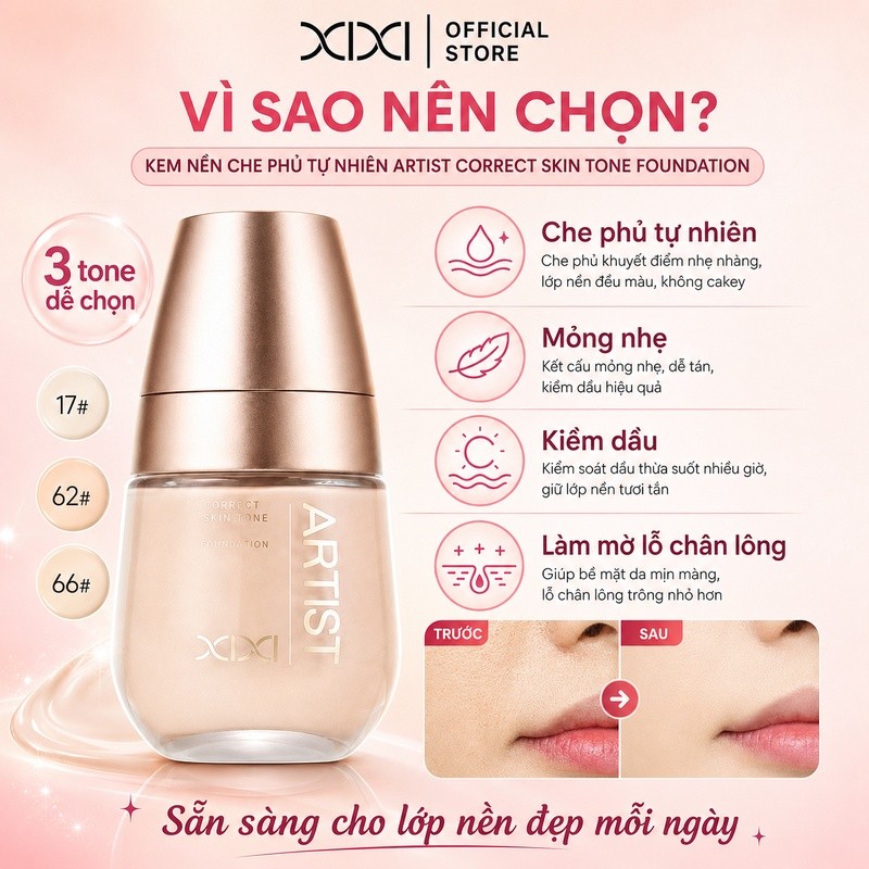 XIXI D740 Kem Nền Che Phủ Tự Nhiên, Dưỡng Ẩm Mịn Da, Lâu Trôi Không Mốc, Foundation Trang Điểm