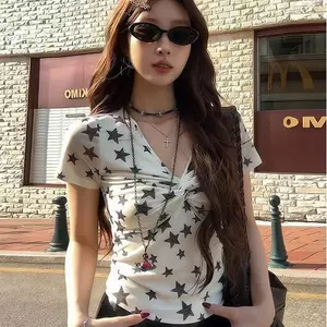 Phong cách Hàn Quốc Niche Hot Girl Phong cách thắt nút ngôi sao cổ chữ V trang trọng vai áo thun ngắn tay nữ mùa hè Slim @