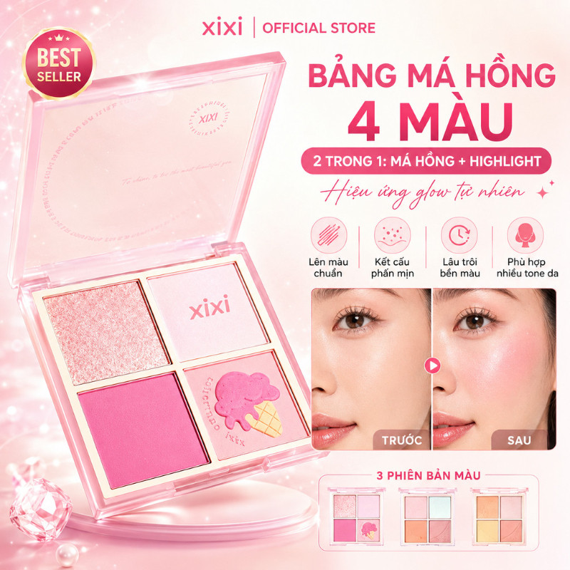 XIXI D511 Bảng Má Hồng 4 Ô Bắt Sáng Tự Nhiên Tạo Hiệu Ứng Hồng Hào