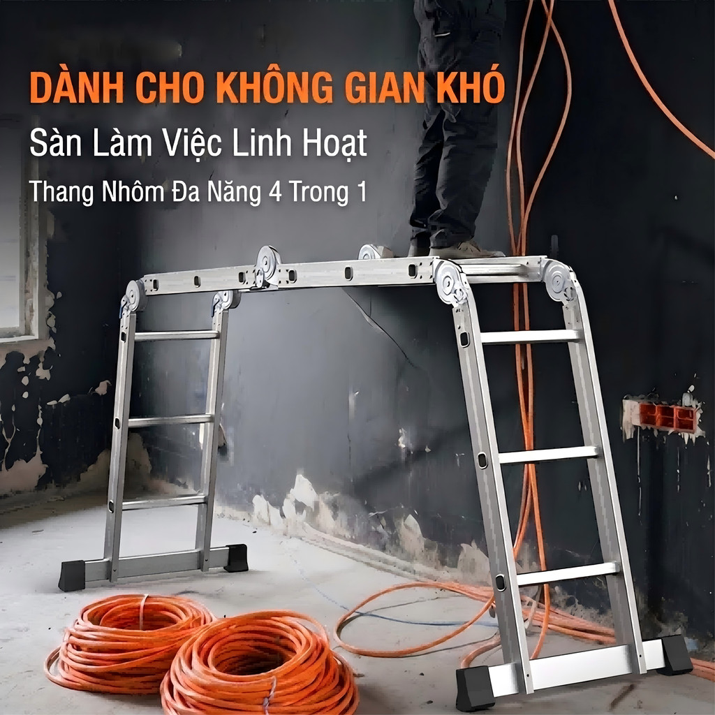 Thang nhôm gấp 4 đoạn REAIM Thang nhôm cao cấp 14 tư thế sử dụng chữ A 2.3M chữ I 4.7M Độ dày 1,3 mm