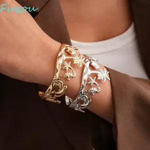 Vòng tay vòng bít sao biển FUJIZOU, Vòng tay mở thiết kế xếp li có thể điều chỉnh, Chất liệu kim loại thời trang Nhẹ Vòng tay cây dừa thanh lịch Bãi biển