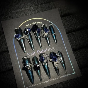 Handmade Nail Feel Dark Blue Smudge Long Làm Móng Tay Miếng Dán Công Nghiệp Nặng Hoa Giả Miếng Dán Móng Tay MCCE
