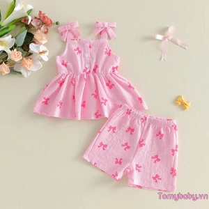 Bộ áo sơ sinh không tay sọc nơ cho bé gái + quần short trang phục mùa hè 2 mảnh