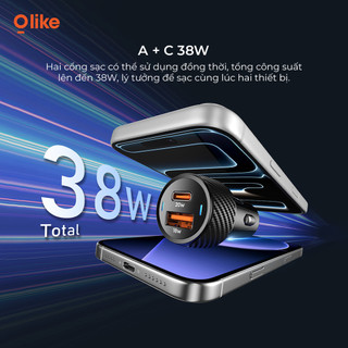 Olike R15 Sạc Ô Tô 38W Sạc Nhanh PD SuperVOOC, Cổng Lightning Type-C, Dùng Cho iPhone Samsung Xiaomi iPad