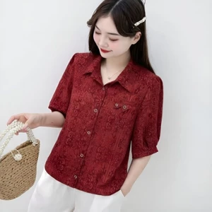 Áo sơ mi mới cổ ngắn tay mùa hè của mẹ trung niên, áo dáng rộng thời trang dành cho nữ