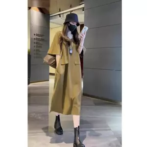 Váy thun màu trơn cỡ lớn 2026 Cổ chữ V tay ngắn dáng rộng vừa vặn mùa hè Váy dài ôm thịt thường ngày