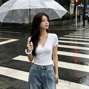 MAPLEPOET-Áo thun cổ chữ V dành cho nữ mùa hè màu trơn tay ngắn lem eo ôm vừa vặn áo Crop top