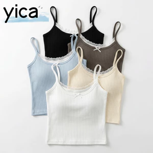YICA Ren Cami Top, Ren Viền Nơ Accent Spaghetti Dây Đeo Tank, Ngọt Ngào Không Tay Gân Đan Màu Trơn Bralette Top Mặc Hàng Ngày