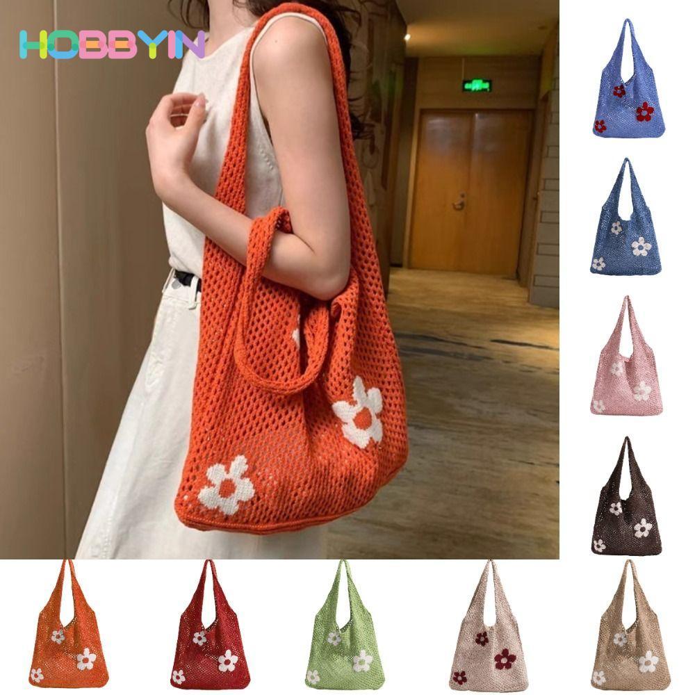 HOBBYIN Túi Tote Dệt Kim HOBBYIN, Thiết Kế Openwork Túi Tote Hoa Dung Tích Lớn, Kết Cấu Lưới Đơn Siêu Mát Chất Liệu Dệt Kim Túi Dệt Túi Mua Sắm