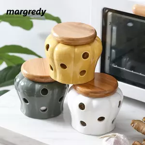 MARGREDY Lọ đựng gia vị, Hộp đựng thực phẩm bằng gốm Hộp đựng đồ nhà bếp, Hộp đựng gừng tỏi thông gió Hình bí ngô Nến chụp đèn nhà bếp