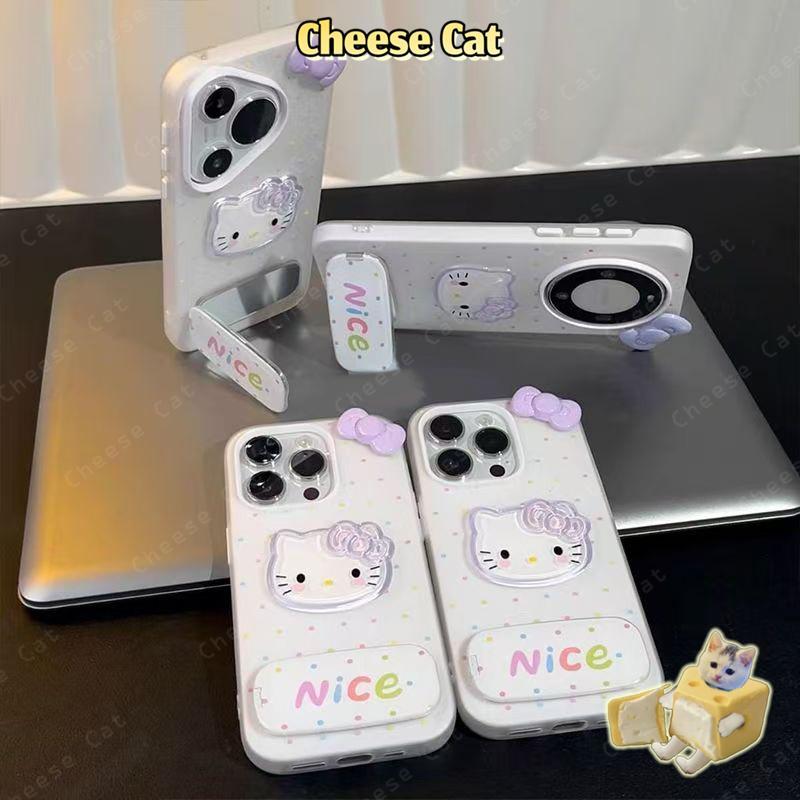 Cho iPhone Nơ Tím Kitty Ốp Lưng Điện Thoại Gương Mỹ Phẩm Điện Thoại Dành Cho iPhone 11 12 13 14 15 16 17 Pro Max Xs XR