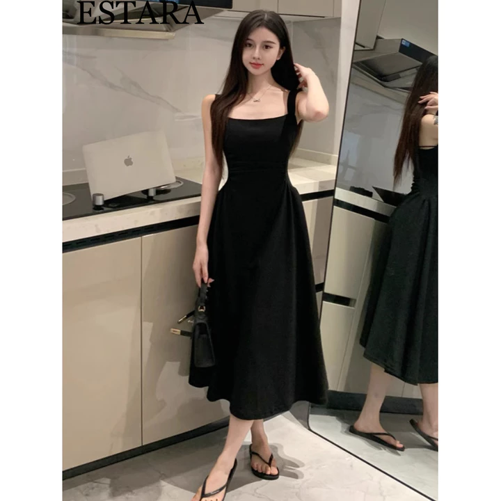 ESTARA Áo dài váy trắng bodycon Hàn Quốc váy cocktail mùa hè gợi cảm váy halter midi cho nữ trang phục dạ hội váy tiệc
