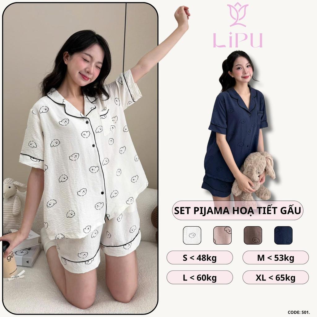 Set Pyjama Cộc Cổ Bẻ Họa Tiết Gấu Pha Viền S01 LIPU