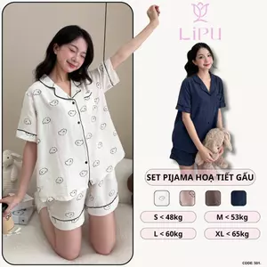 Set Pyjama Cộc Cổ Bẻ Họa Tiết Gấu Pha Viền S01 LIPU