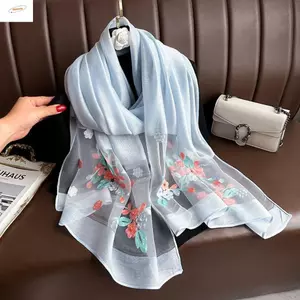 Khăn lụa sang trọng ZENZON, Khăn choàng Hijab thêu hoa cho nữ, Thời trang quấn lớn mềm mỏng sáng bóng Khăn ren nữ